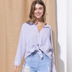 Cotton Linen Feel Slub Dolmen Oversized Button Up Shirt in Periwinkle